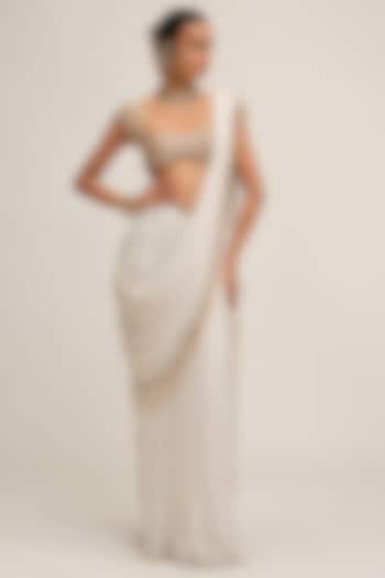 Off-White Georgette Sequins Embroidered Draped Reception Saree Set by Vvani By Vani Vats at Pernia's Pop Up Shop