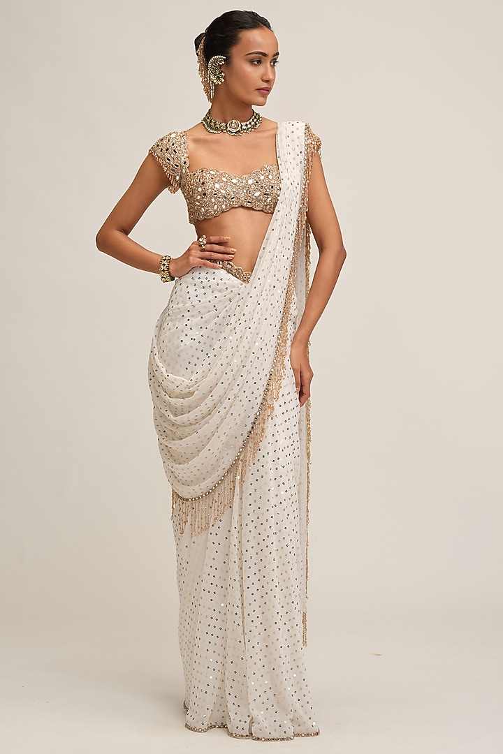 Off-White Georgette Sequins Embroidered Draped Reception Saree Set by Vvani By Vani Vats at Pernia's Pop Up Shop