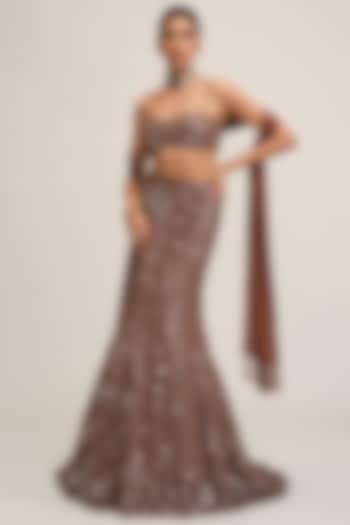 Deep Beige Net Fish-Cut Bridal Lehenga Set by Vvani By Vani Vats at Pernia's Pop Up Shop