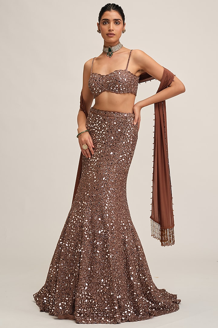 Deep Beige Net Fish-Cut Bridal Lehenga Set by Vvani By Vani Vats at Pernia's Pop Up Shop