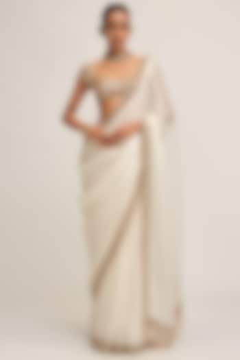 Off-White Satin Organza Cutwork Reception Saree Set by Vvani By Vani Vats at Pernia's Pop Up Shop