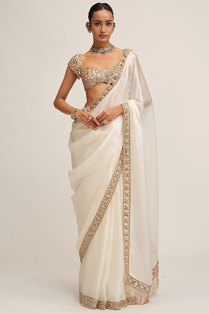 Off-White Satin Organza Cutwork Reception Saree Set by Vvani By Vani Vats at Pernia's Pop Up Shop