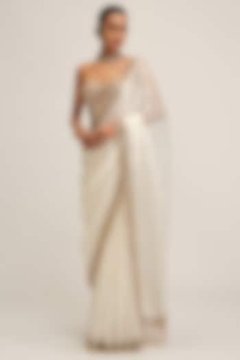 Off-White Satin Organza Cutwork Reception Saree Set by Vvani By Vani Vats at Pernia's Pop Up Shop