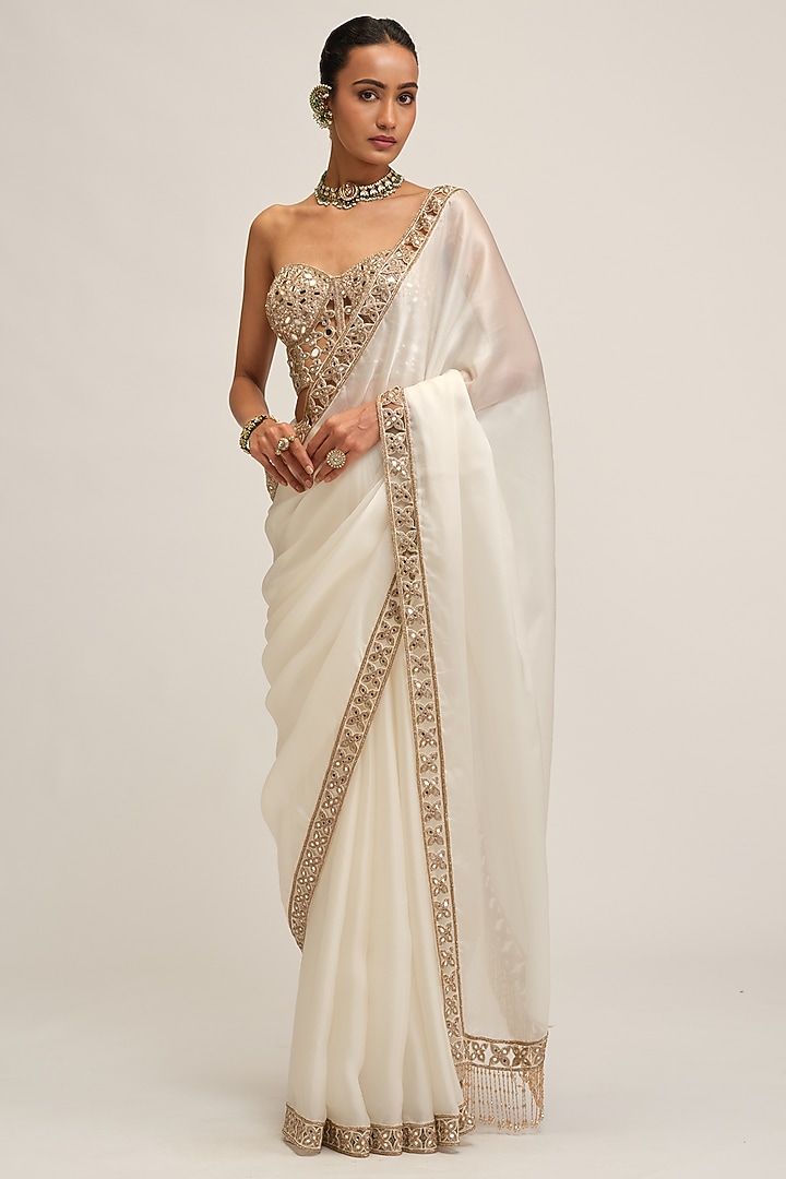 Off-White Satin Organza Cutwork Reception Saree Set by Vvani By Vani Vats at Pernia's Pop Up Shop