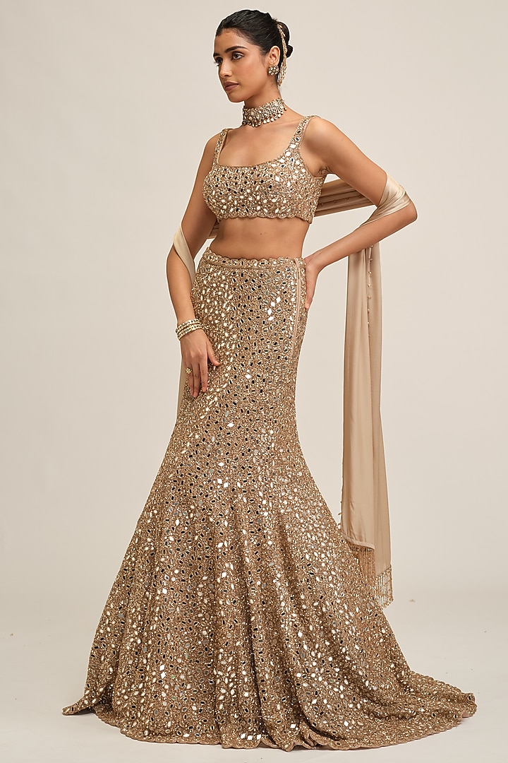 Light Beige Net Sequins Embroidered Fish-Cut Bridal Lehenga Set by Vvani By Vani Vats at Pernia's Pop Up Shop