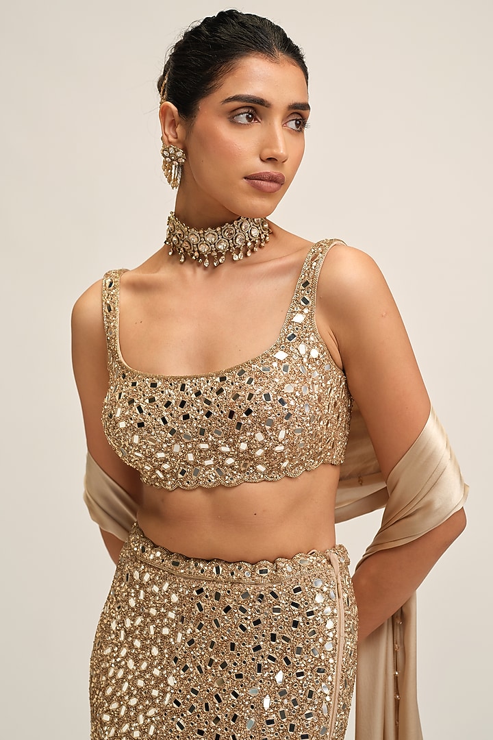 Light Beige Net Sequins Embroidered Fish-Cut Bridal Lehenga Set by Vvani By Vani Vats at Pernia's Pop Up Shop