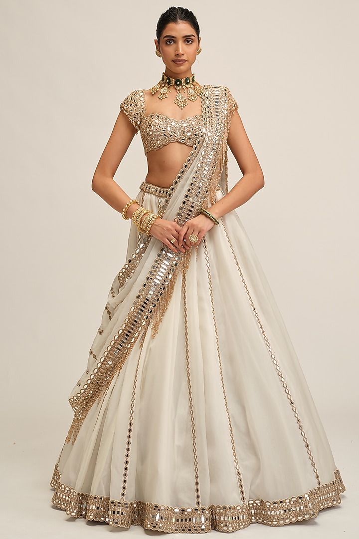 Off-White Organza Mirror Embroidered Bridal Lehenga Set by Vvani By Vani Vats at Pernia's Pop Up Shop
