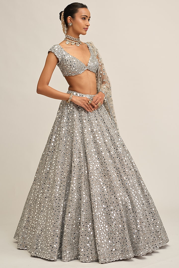 Silver Crepe Mirror Embroidered Bridal Lehenga Set by Vvani By Vani Vats at Pernia's Pop Up Shop