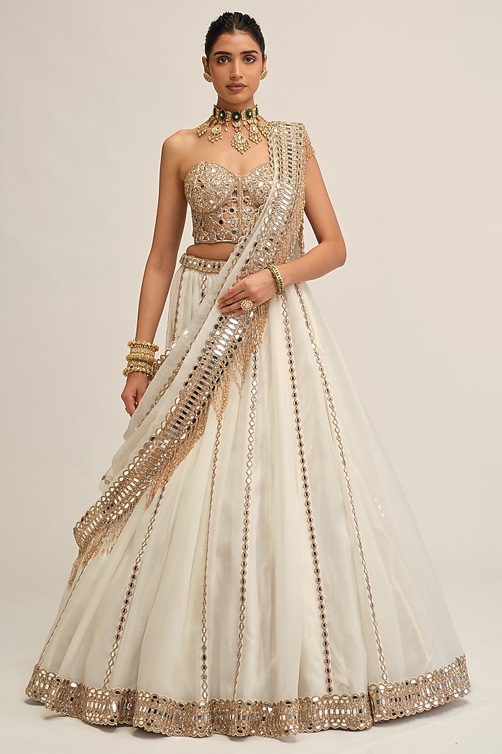 Off-White Organza Mirror Embroidered Bridal Lehenga Set by Vvani By Vani Vats at Pernia's Pop Up Shop
