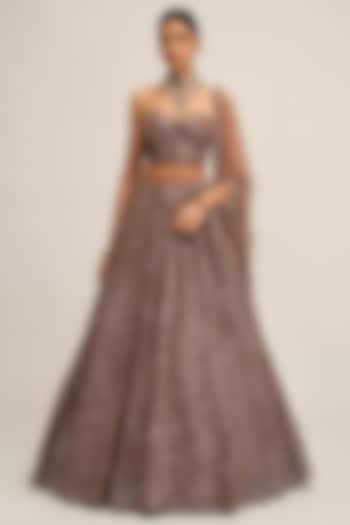 Deep Beige Georgette Floral Cutwork Bridal Lehenga Set by Vvani By Vani Vats at Pernia's Pop Up Shop
