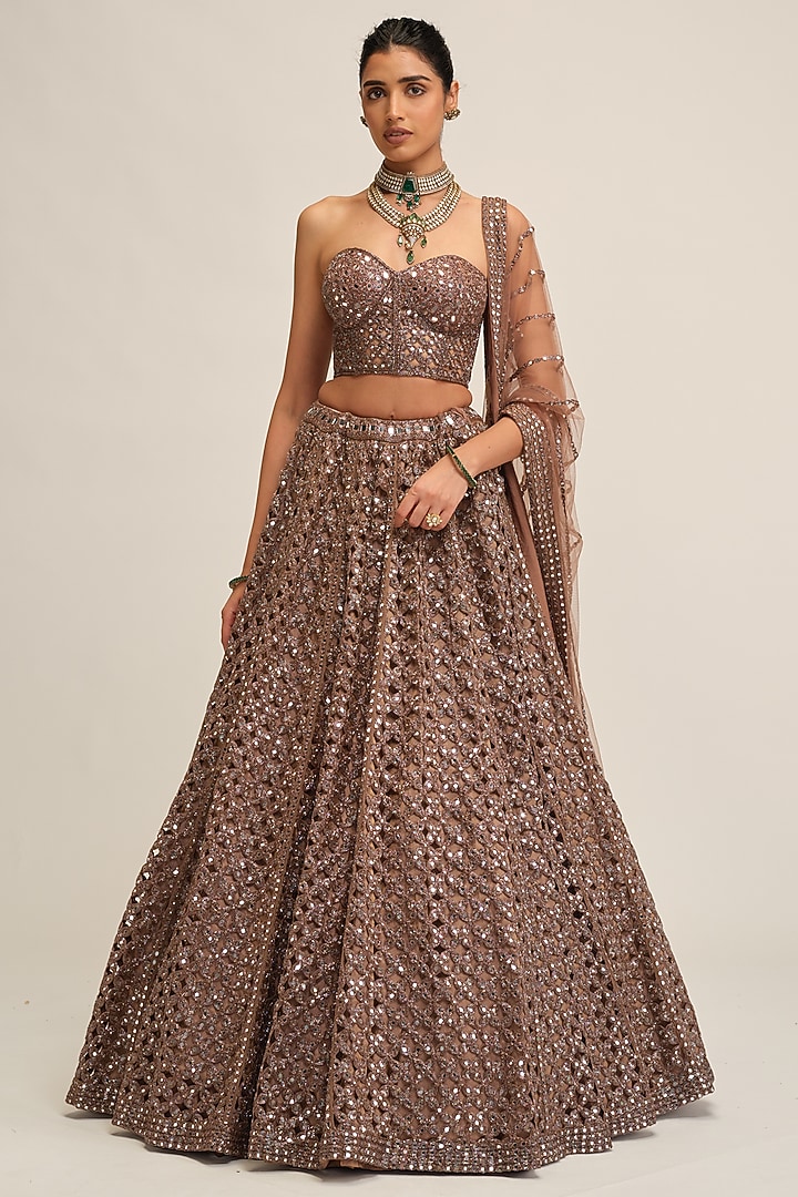 Deep Beige Georgette Floral Cutwork Bridal Lehenga Set by Vvani By Vani Vats at Pernia's Pop Up Shop