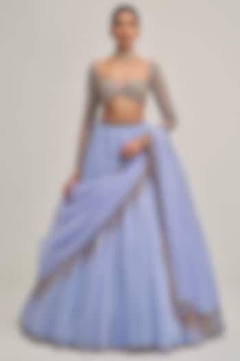 Dew Blue Organza Sequins Embroidered Wedding Lehenga Set by Vvani By Vani Vats at Pernia's Pop Up Shop