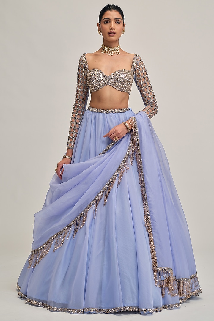 Dew Blue Organza Sequins Embroidered Wedding Lehenga Set by Vvani By Vani Vats at Pernia's Pop Up Shop