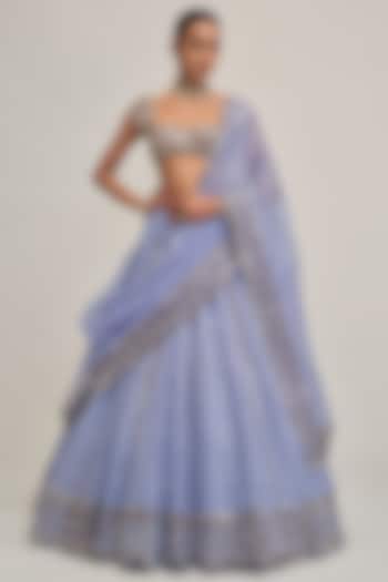 Dew Blue Organza Mirror & Sequins Embroidered Bridal Lehenga Set by Vvani By Vani Vats at Pernia's Pop Up Shop