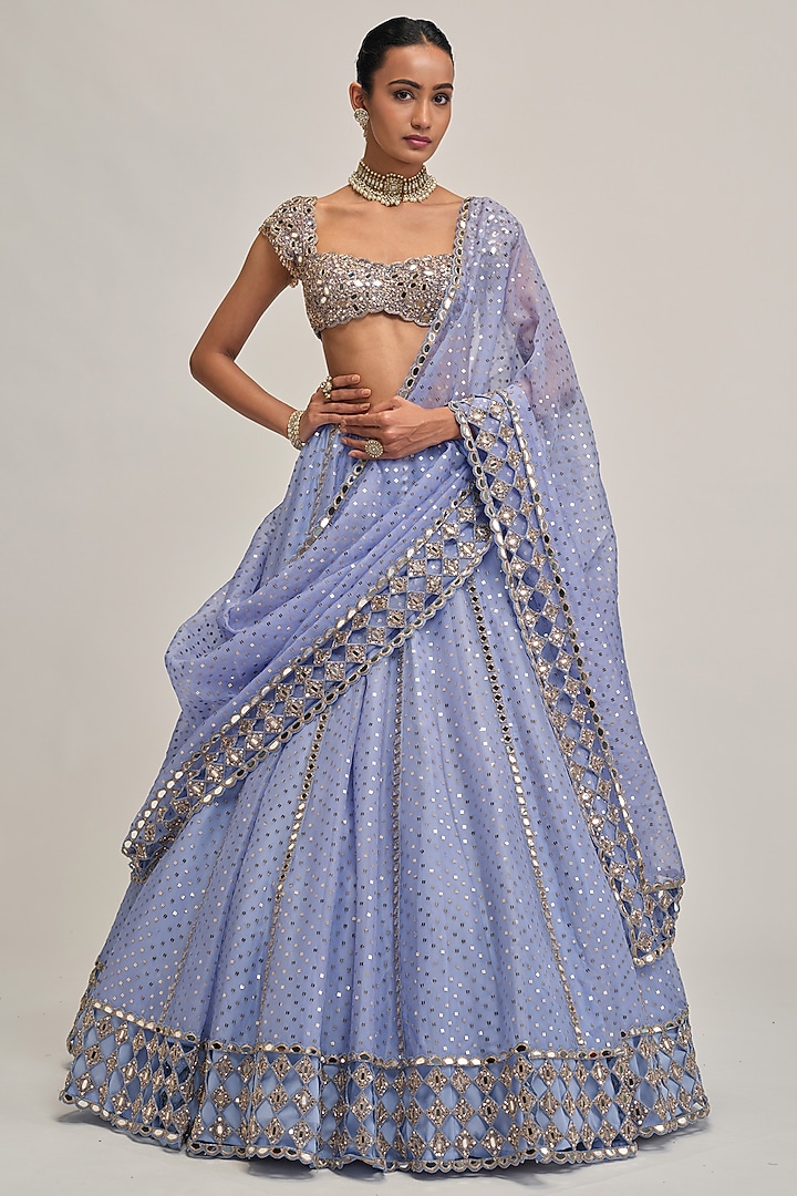 Dew Blue Organza Mirror & Sequins Embroidered Bridal Lehenga Set by Vvani By Vani Vats at Pernia's Pop Up Shop