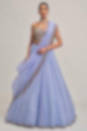 Dew Blue Organza Sequins Embroidered Wedding Lehenga Set by Vvani By Vani Vats at Pernia's Pop Up Shop