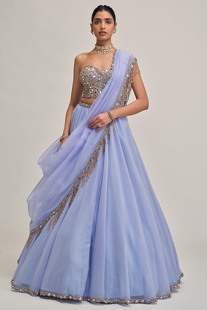 Dew Blue Organza Sequins Embroidered Wedding Lehenga Set by Vvani By Vani Vats at Pernia's Pop Up Shop