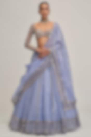 Dew Blue Organza Mirror & Sequins Embroidered Bridal Lehenga Set by Vvani By Vani Vats at Pernia's Pop Up Shop