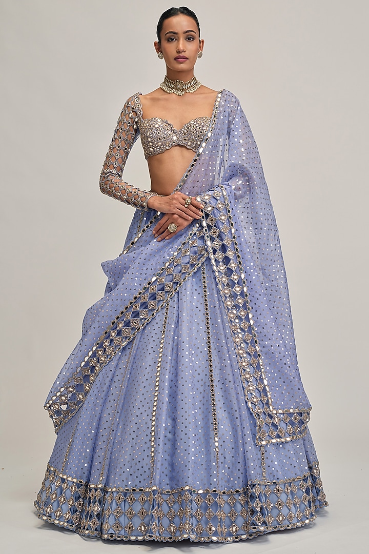 Dew Blue Organza Mirror & Sequins Embroidered Bridal Lehenga Set by Vvani By Vani Vats at Pernia's Pop Up Shop