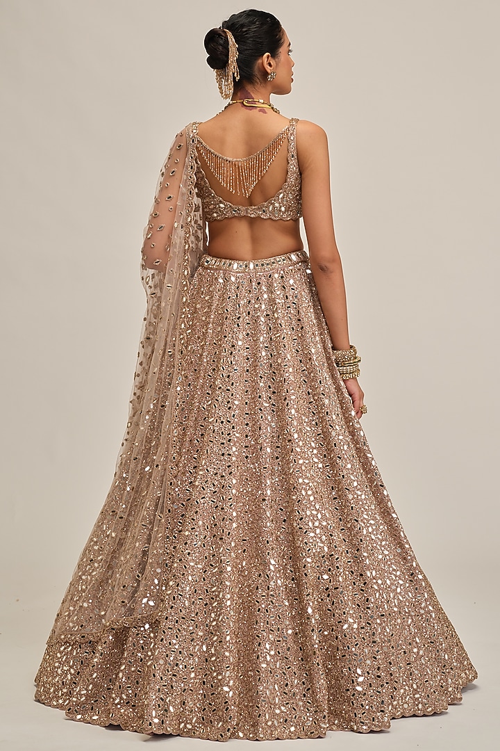 Ash Pink Crepe Mirror Embroidered Bridal Lehenga Set by Vvani By Vani Vats at Pernia's Pop Up Shop