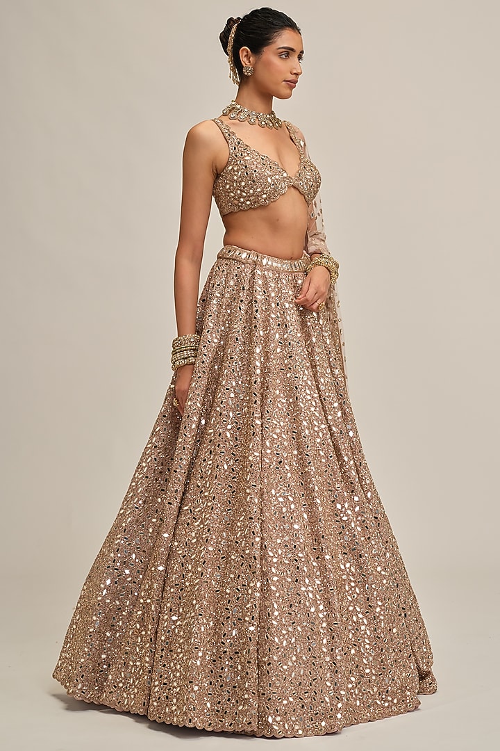 Ash Pink Crepe Mirror Embroidered Bridal Lehenga Set by Vvani By Vani Vats at Pernia's Pop Up Shop