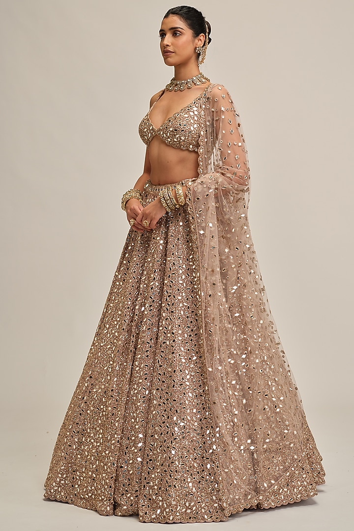 Ash Pink Crepe Mirror Embroidered Bridal Lehenga Set by Vvani By Vani Vats at Pernia's Pop Up Shop
