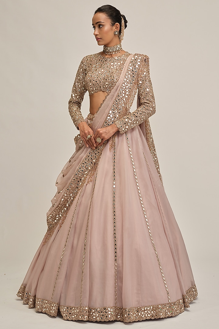 Ash Pink Organza Mirror Embroidered Bridal Lehenga Set by Vvani By Vani Vats at Pernia's Pop Up Shop
