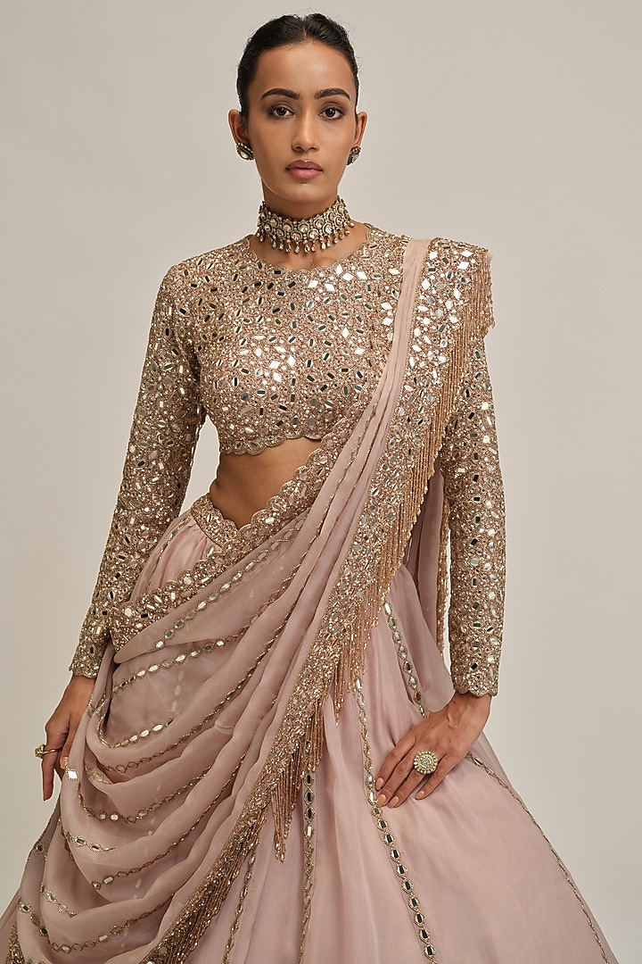 Ash Pink Organza Mirror Embroidered Bridal Lehenga Set by Vvani By Vani Vats at Pernia's Pop Up Shop