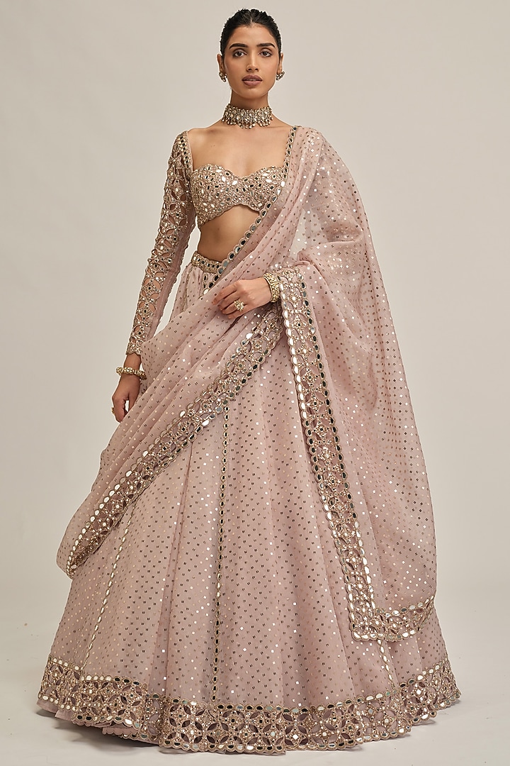 Ash Pink Organza Mirror Embroidered Bridal Lehenga Set by Vvani By Vani Vats at Pernia's Pop Up Shop