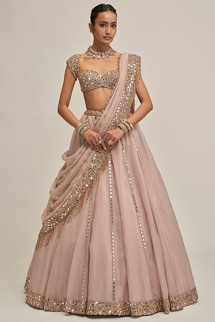 Ash Pink Organza Mirror Embroidered Bridal Lehenga Set by Vvani By Vani Vats at Pernia's Pop Up Shop