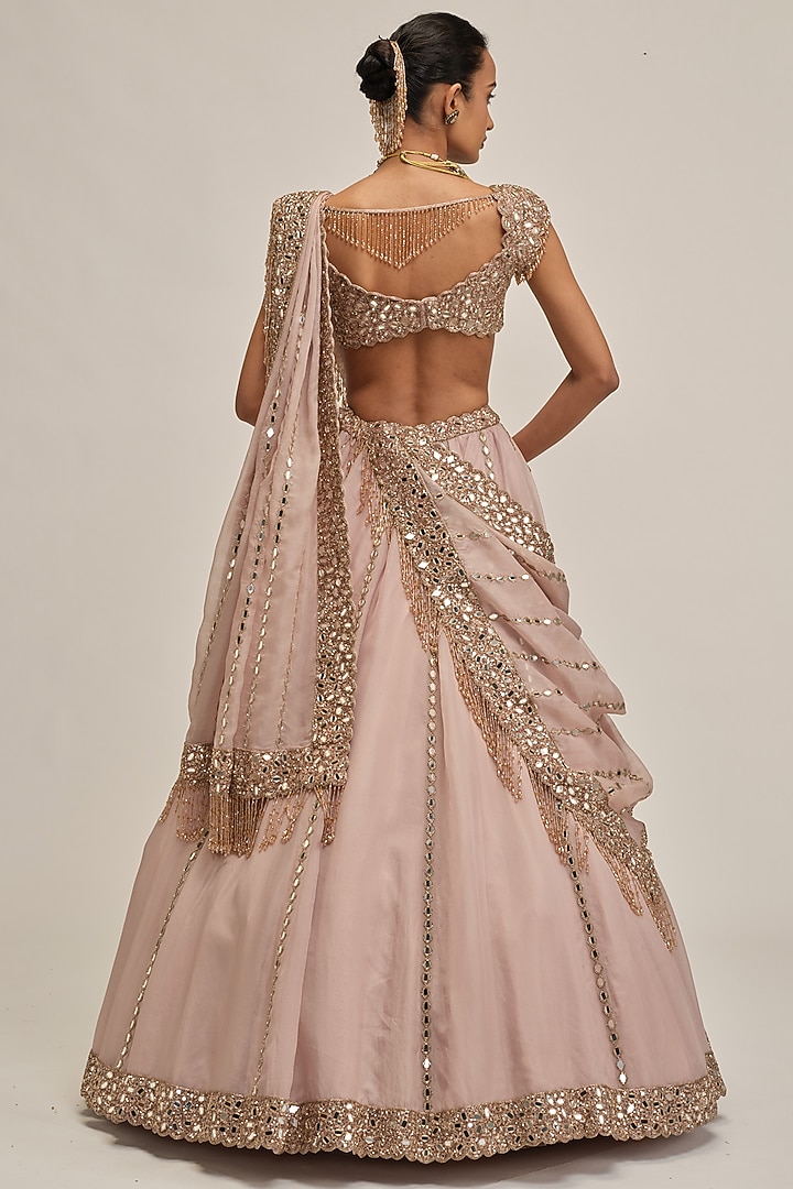 Ash Pink Organza Mirror Embroidered Bridal Lehenga Set by Vvani By Vani Vats at Pernia's Pop Up Shop