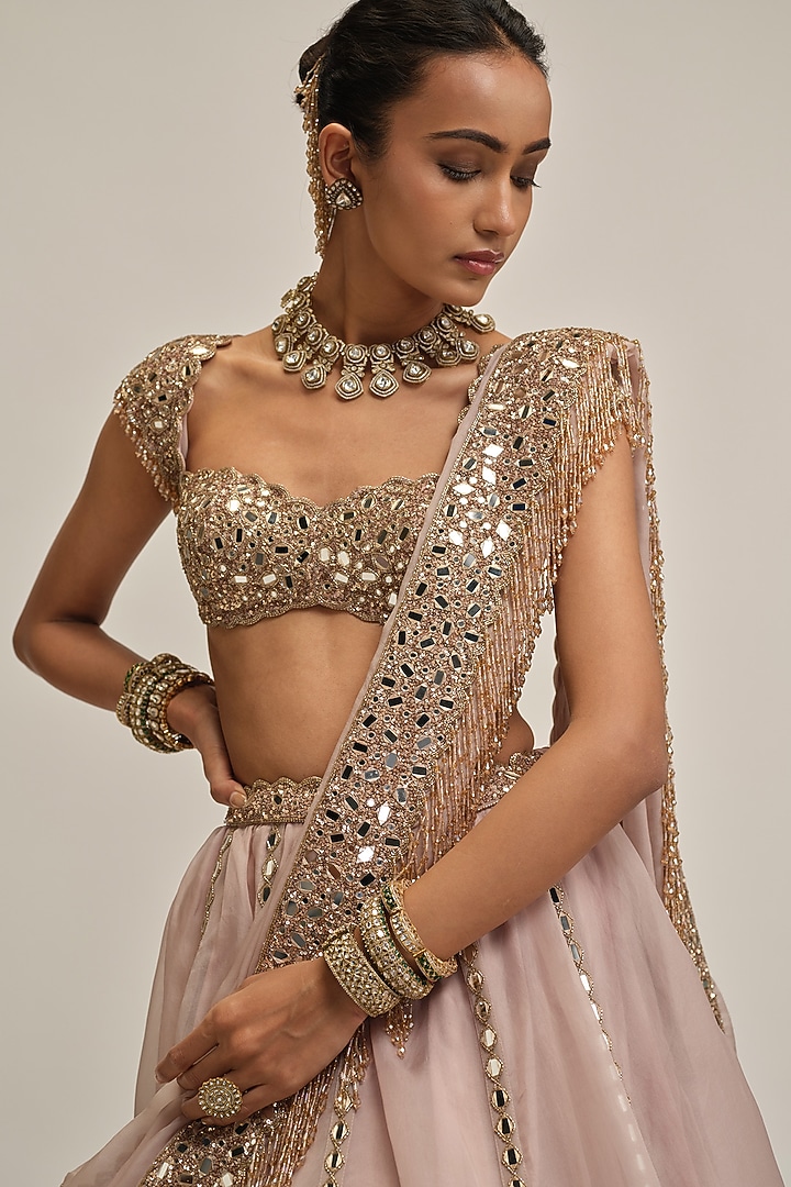 Ash Pink Organza Mirror Embroidered Bridal Lehenga Set by Vvani By Vani Vats at Pernia's Pop Up Shop