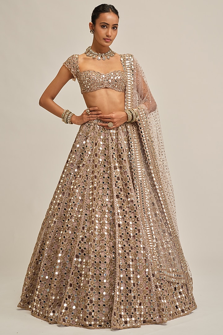 Ash Pink Georgette Mirror Cutwork Bridal Lehenga Set by Vvani By Vani Vats at Pernia's Pop Up Shop