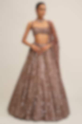 Deep Beige Crepe Mirror Embroidered Bridal Lehenga Set by Vvani By Vani Vats at Pernia's Pop Up Shop