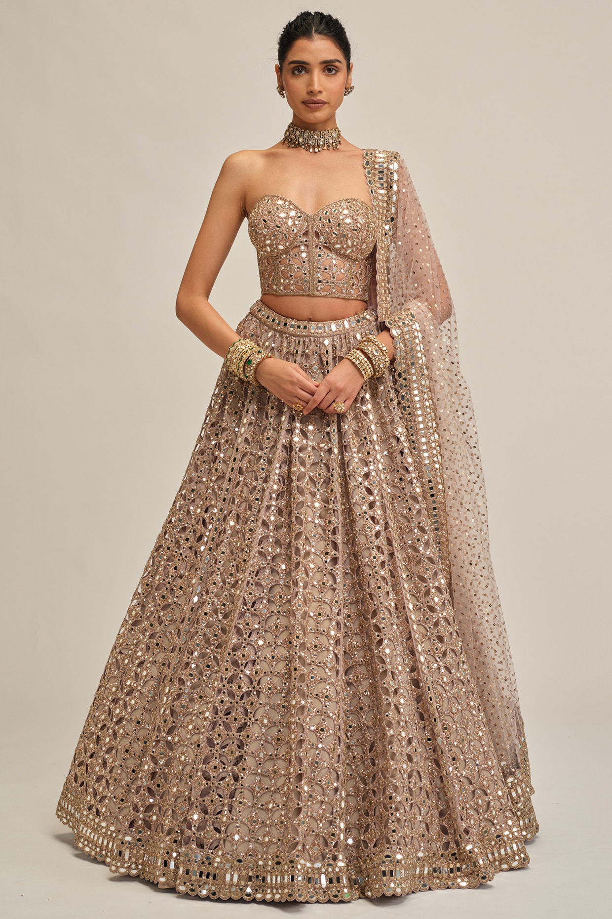Vvani By Vani Vats Ash Pink Georgette Cutwork Lehenga Set