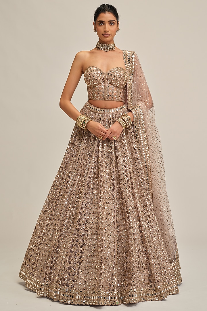 Ash Pink Georgette Cutwork Bridal Lehenga Set by Vvani By Vani Vats at Pernia's Pop Up Shop