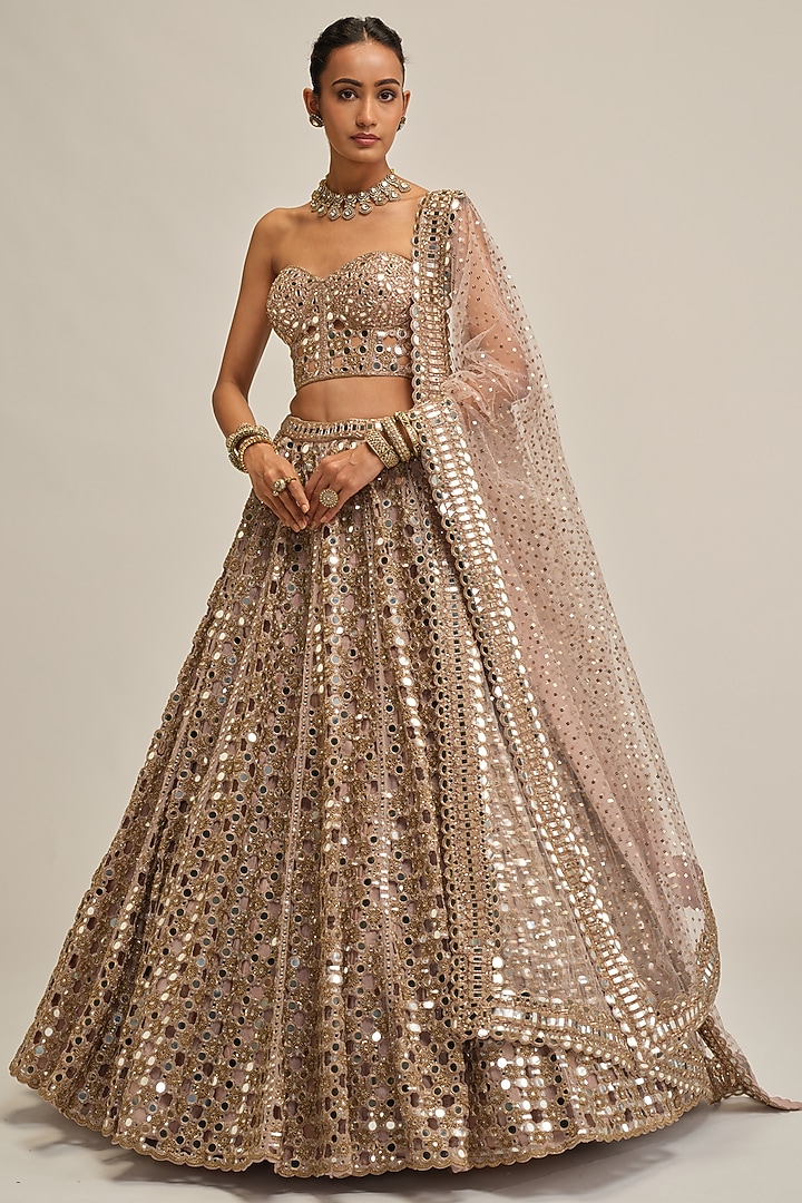 Ash Pink Georgette Mirror Cutwork Bridal Lehenga Set by Vvani By Vani Vats at Pernia's Pop Up Shop