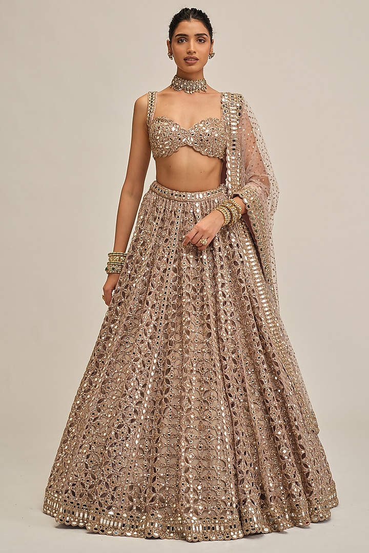 Ash Pink Georgette Circular Cutwork Bridal Lehenga Set by Vvani By Vani Vats at Pernia's Pop Up Shop