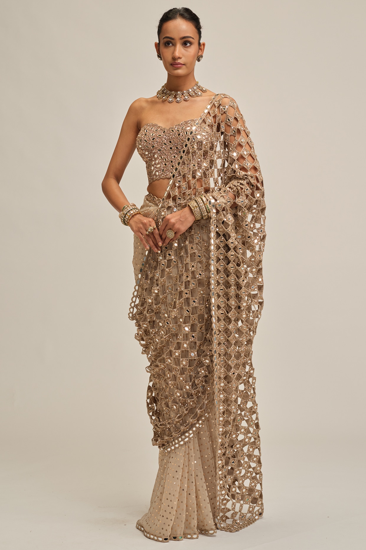 Vvani By Vani Vats Light Beige Crepe Cutwork & Sequins Embroidered Saree Set