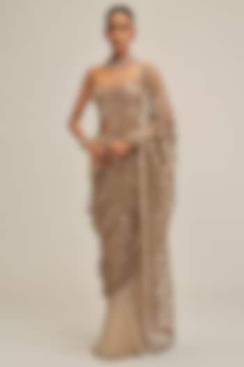 Light Beige Crepe Cutwork & Sequins Embroidered Bridal Saree Set by Vvani By Vani Vats at Pernia's Pop Up Shop