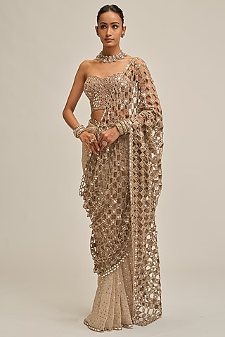 Light Beige Crepe Cutwork & Sequins Embroidered Saree Set by Vvani By Vani Vats