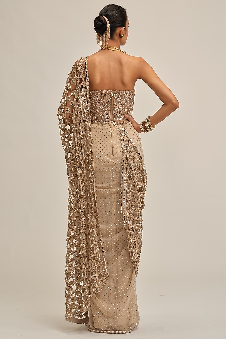 Light Beige Crepe Cutwork & Sequins Embroidered Bridal Saree Set by Vvani By Vani Vats at Pernia's Pop Up Shop