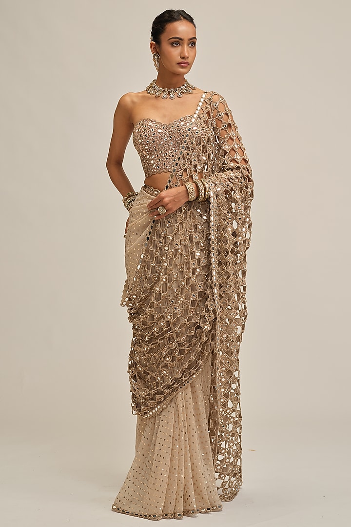 Light Beige Crepe Cutwork & Sequins Embroidered Bridal Saree Set by Vvani By Vani Vats at Pernia's Pop Up Shop