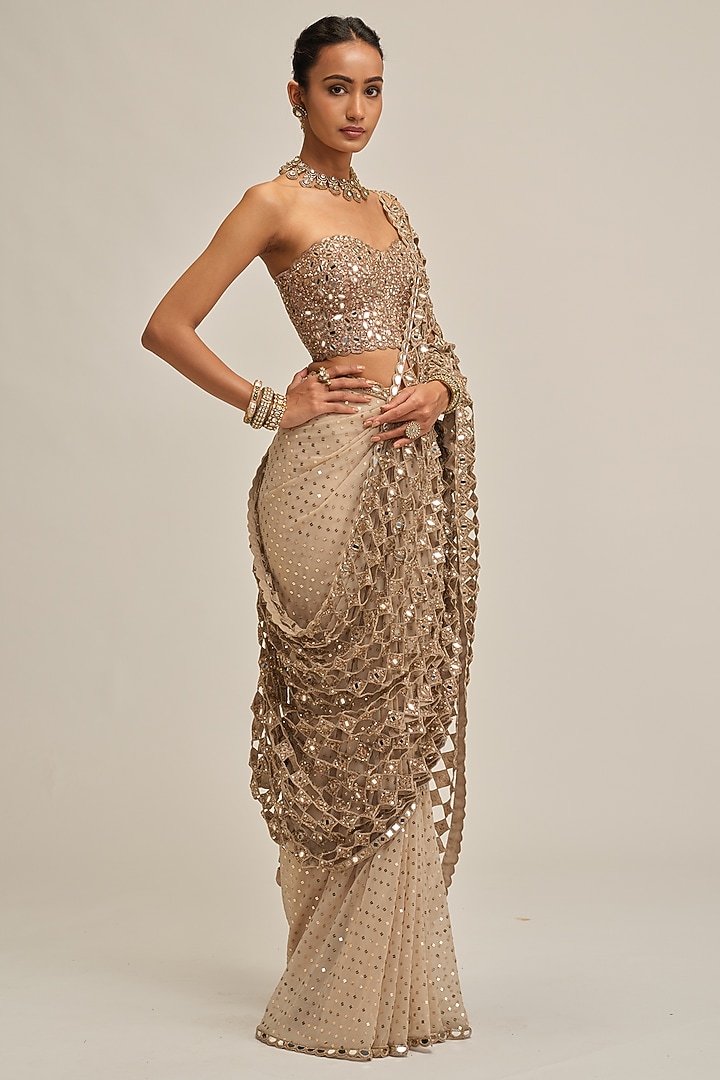 Light Beige Crepe Cutwork & Sequins Embroidered Bridal Saree Set by Vvani By Vani Vats at Pernia's Pop Up Shop