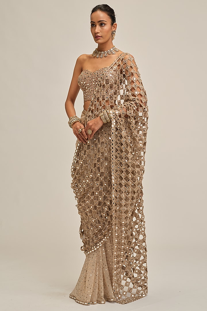 Light Beige Crepe Cutwork & Sequins Embroidered Bridal Saree Set by Vvani By Vani Vats at Pernia's Pop Up Shop