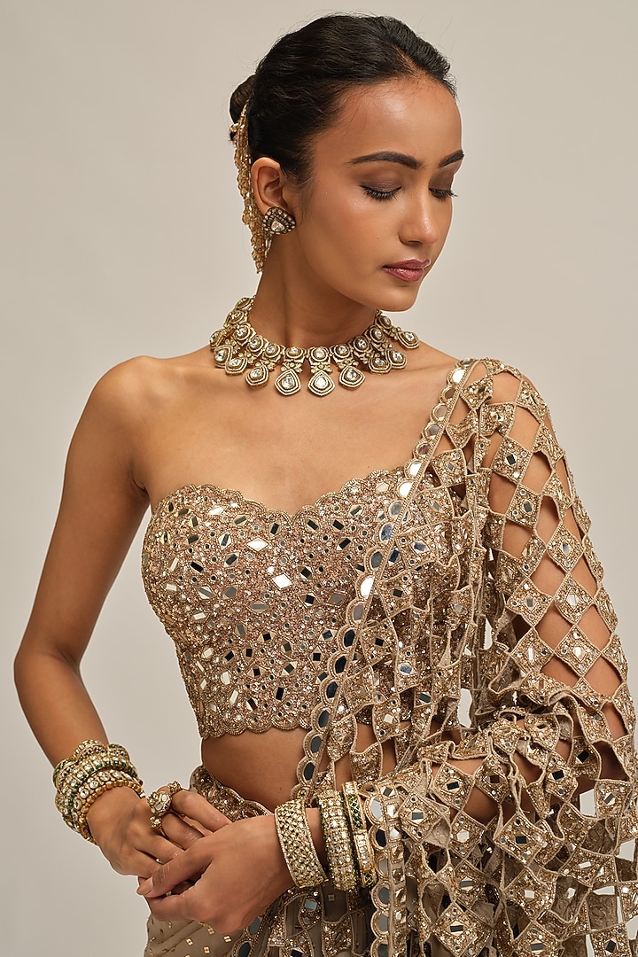 Light Beige Crepe Cutwork & Sequins Embroidered Bridal Saree Set by Vvani By Vani Vats at Pernia's Pop Up Shop