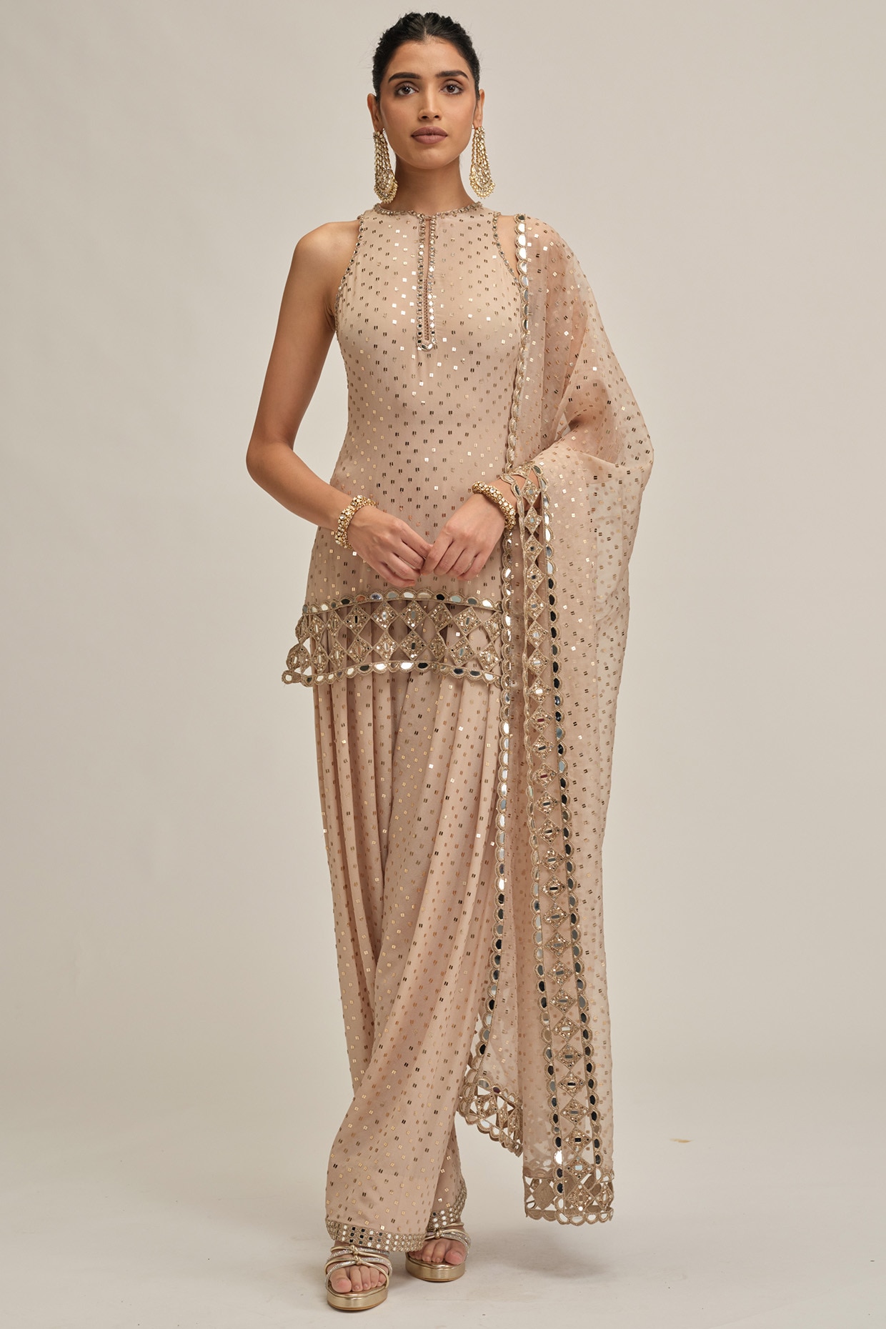 Vvani By Vani Vats Light Beige Georgette Sequins Embroidered Kurta Set