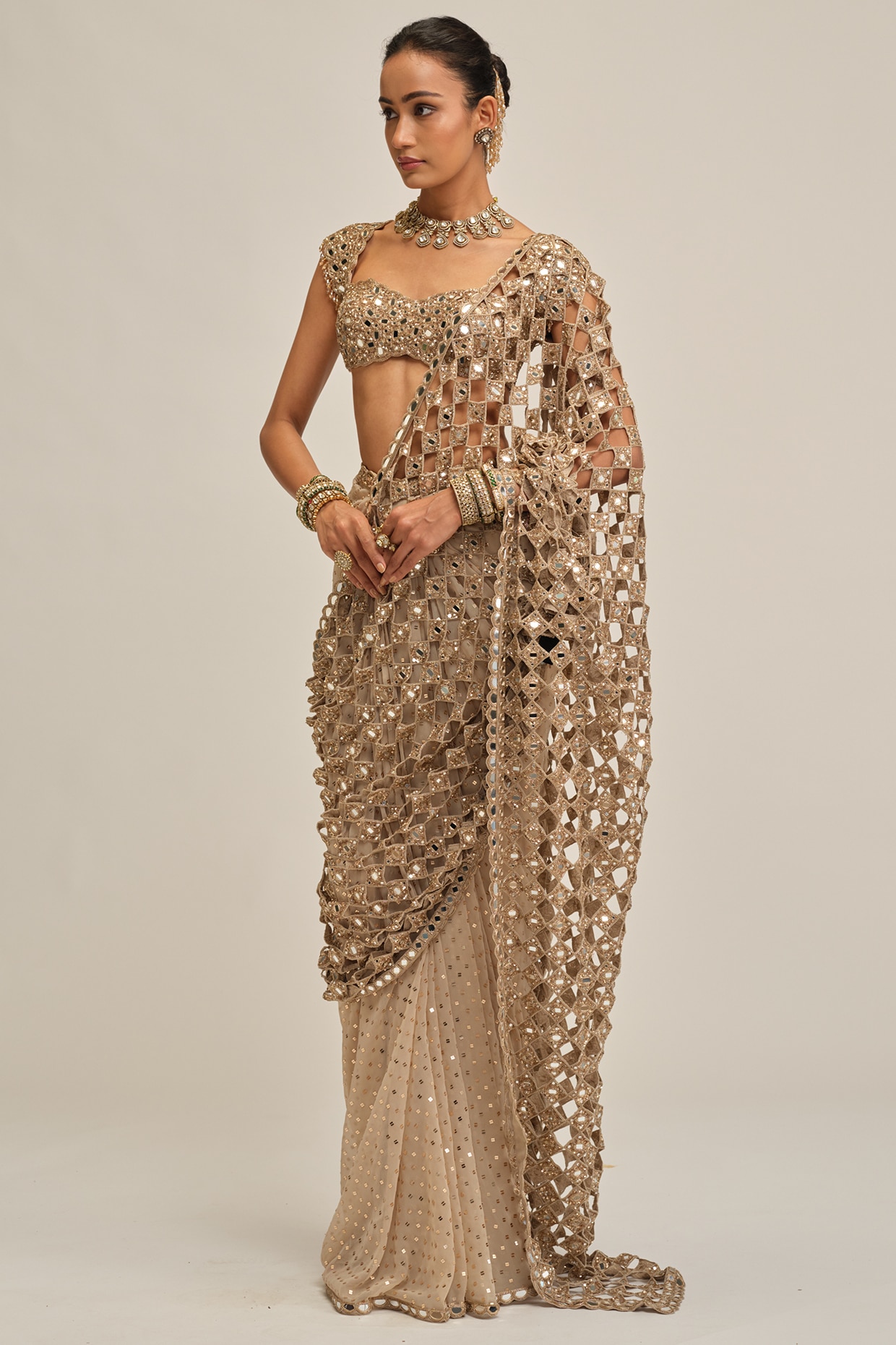 Vvani By Vani Vats Light Beige Georgette Sequins Embroidered Draped Saree Set