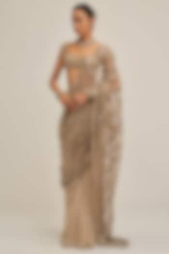 Light Beige Georgette Sequins Embroidered Draped Bridal Saree Set by Vvani By Vani Vats at Pernia's Pop Up Shop