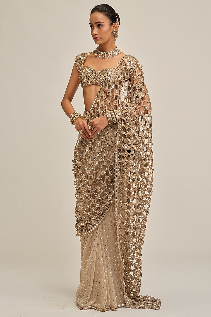 Light Beige Georgette Sequins Embroidered Draped Bridal Saree Set by Vvani By Vani Vats at Pernia's Pop Up Shop
